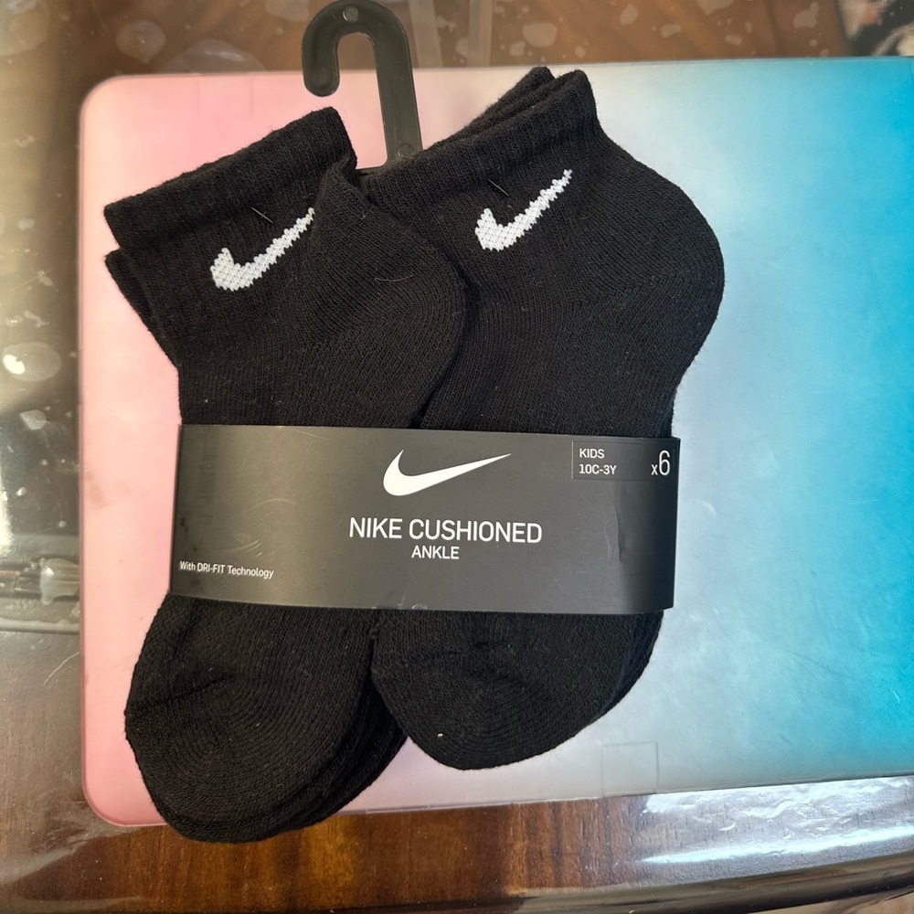 NIKE KID'S DRI-FIT 6PK BLACK CUSHIONED ANKLE LOGO SOCKS 10C -3Y #UN0018